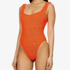 Square-neck Seersucker-weave Swimsuit -Outlet Pique Style Store R03733699 ORANGE ALT02