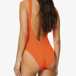 Square-neck Seersucker-weave Swimsuit -Outlet Pique Style Store R03733699 ORANGE ALT03