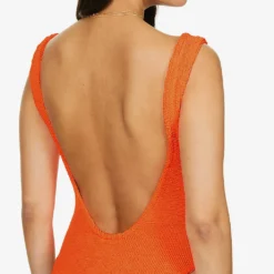 Square-neck Seersucker-weave Swimsuit -Outlet Pique Style Store R03733699 ORANGE ALT04