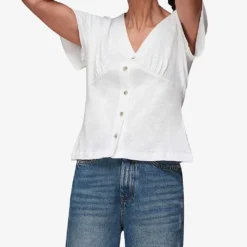 Whistles V-neck Button Placket Cotton T-shirt -Outlet Pique Style Store R03750199 WHITE ALT03