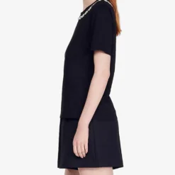 Sandro Merlin Embroidered Rhinestone-embellished Cotton-jersey T-shirt -Outlet Pique Style Store R03862957 NOIRGRIS ALT02