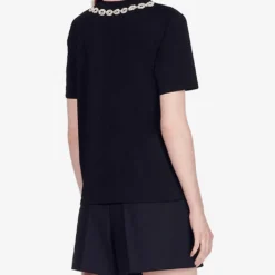 Sandro Merlin Embroidered Rhinestone-embellished Cotton-jersey T-shirt -Outlet Pique Style Store R03862957 NOIRGRIS ALT03