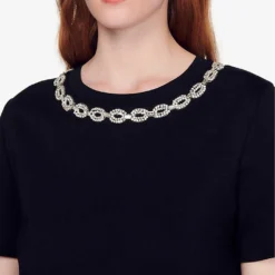 Sandro Merlin Embroidered Rhinestone-embellished Cotton-jersey T-shirt -Outlet Pique Style Store R03862957 NOIRGRIS ALT04