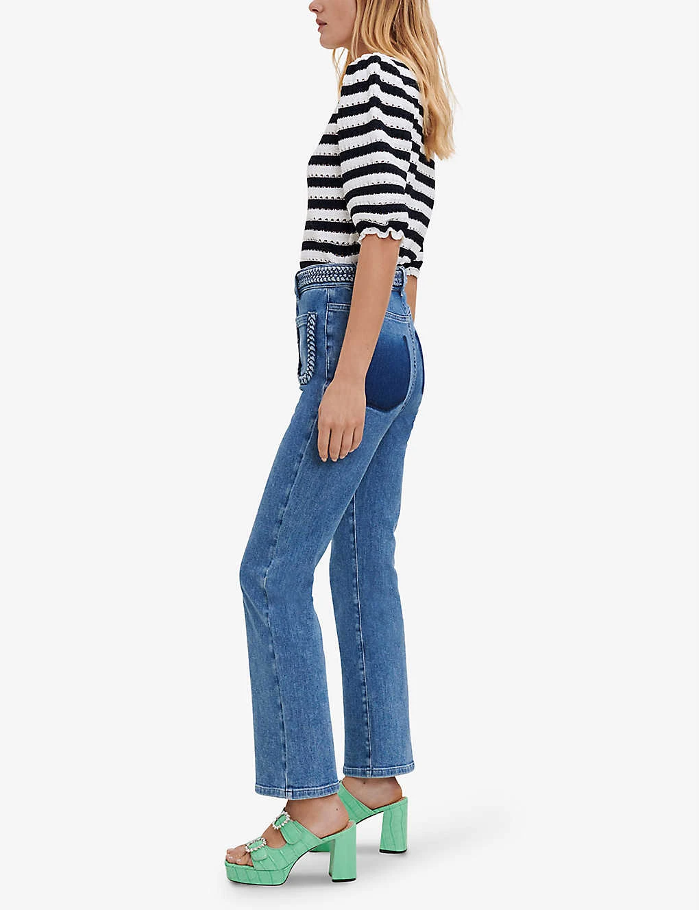 Maje Platane Braided-trim Flared High-rise Organic Cotton-blend Stretch-denim Jeans 2 Maje Platane Braided-trim Flared High-rise Organic Cotton-blend Stretch-denim Jeans - Image 2