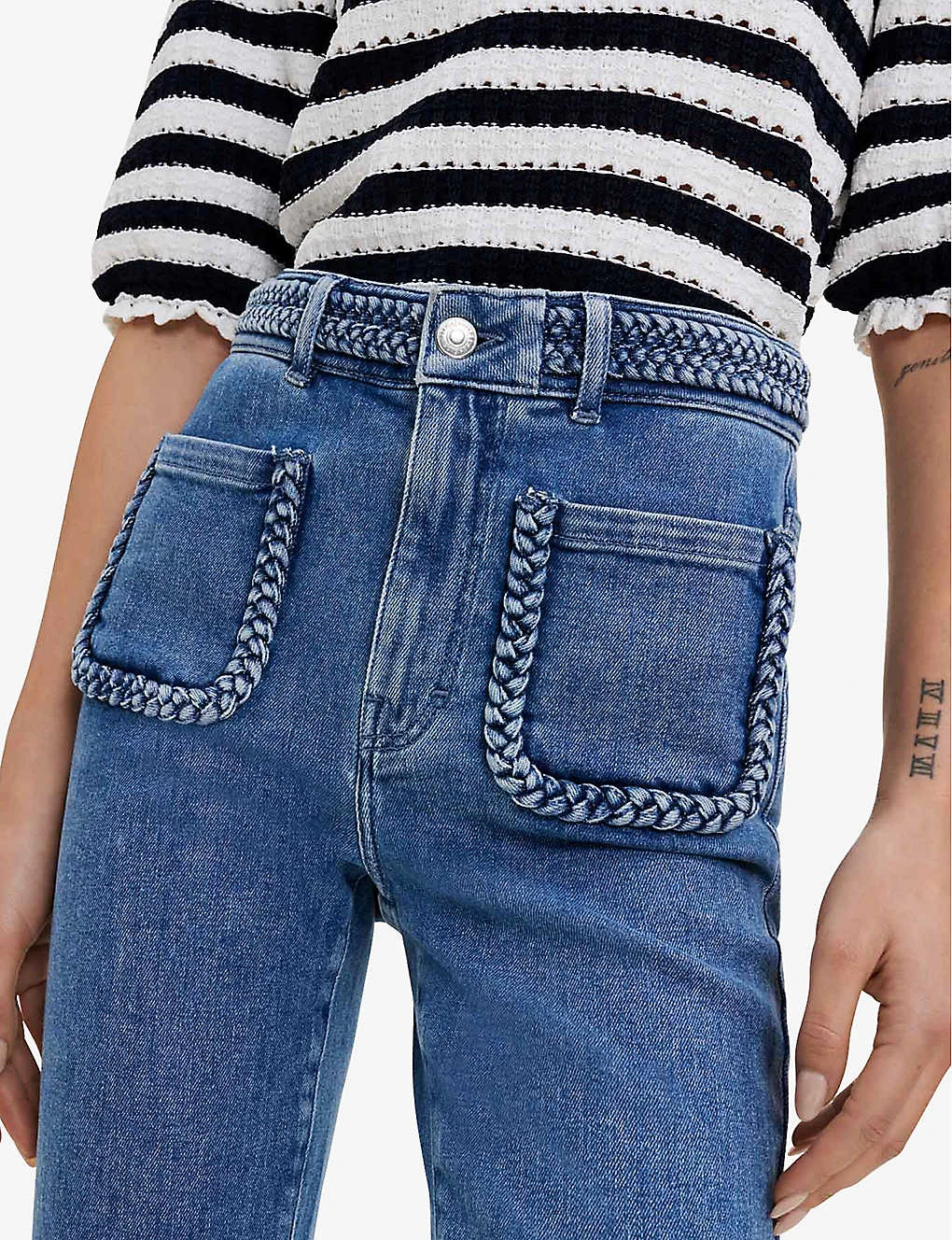 Maje Platane Braided-trim Flared High-rise Organic Cotton-blend Stretch-denim Jeans 4 Maje Platane Braided-trim Flared High-rise Organic Cotton-blend Stretch-denim Jeans - Image 4