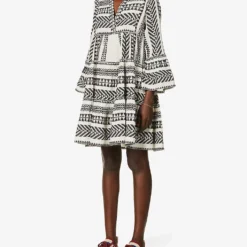 Devotion Twins Ella Flared-sleeve Cotton Mini Dress -Outlet Pique Style Store R03886532 BLACKOFFWHITE ALT02