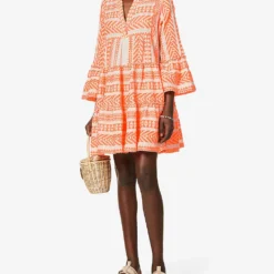Devotion Twins Ella Flared-sleeve Stretch-cotton Mini Dress -Outlet Pique Style Store R03886533 NEONORANGEOFFWHITE ALT01