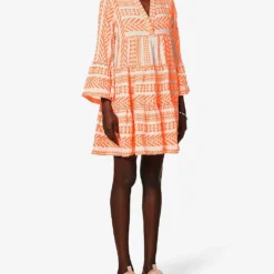 Devotion Twins Ella Flared-sleeve Stretch-cotton Mini Dress -Outlet Pique Style Store R03886533 NEONORANGEOFFWHITE ALT02