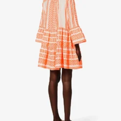 Devotion Twins Ella Flared-sleeve Stretch-cotton Mini Dress -Outlet Pique Style Store R03886533 NEONORANGEOFFWHITE ALT03