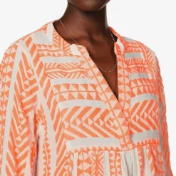 Devotion Twins Ella Flared-sleeve Stretch-cotton Mini Dress -Outlet Pique Style Store R03886533 NEONORANGEOFFWHITE ALT04