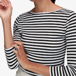Whistles Striped Boat-neck Stretch-cotton Top -Outlet Pique Style Store R03945302 BLACK ALT04