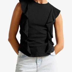 Ted Baker Kathley Ruffled Cotton And Linen T-shirt -Outlet Pique Style Store R03946257 BLACK ALT02