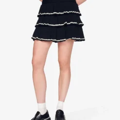 Sandro Camia Ruffled-hem Stretch-knit Mini Skirt -Outlet Pique Style Store R03947988 NOIRGRIS ALT02