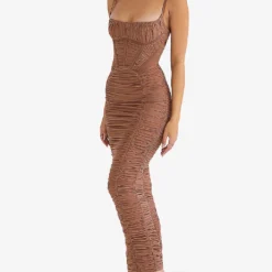 LIlian Ruched Satin And Mesh Midi Dress -Outlet Pique Style Store R03960022 MOCHA ALT02