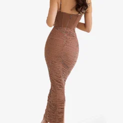 LIlian Ruched Satin And Mesh Midi Dress -Outlet Pique Style Store R03960022 MOCHA ALT03