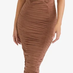 LIlian Ruched Satin And Mesh Midi Dress -Outlet Pique Style Store R03960022 MOCHA ALT04