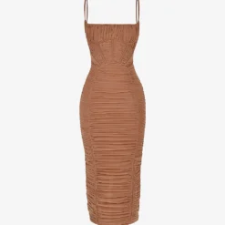LIlian Ruched Satin And Mesh Midi Dress