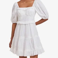 By Malina Alessia Puff-shoulder Cotton Mini Dress -Outlet Pique Style Store R03973282 WHITE ALT02