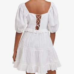 By Malina Alessia Puff-shoulder Cotton Mini Dress -Outlet Pique Style Store R03973282 WHITE ALT03