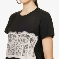 Alexander McQueen Lace-print Cotton-jersey T-shirt -Outlet Pique Style Store R03980604 BLACKSHELL ALT04