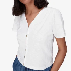 Whistles Maeve Buttoned Cotton-jersey T-shirt -Outlet Pique Style Store R03983237 WHITE ALT02