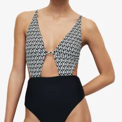 AllSaints Petra Monogram-print Stretch Recycled-polyamide Swimsuit 7 AllSaints Petra Monogram-print Stretch Recycled-polyamide Swimsuit -Outlet Pique Style Store R04006602 BLACKSNOWWHI ALT02