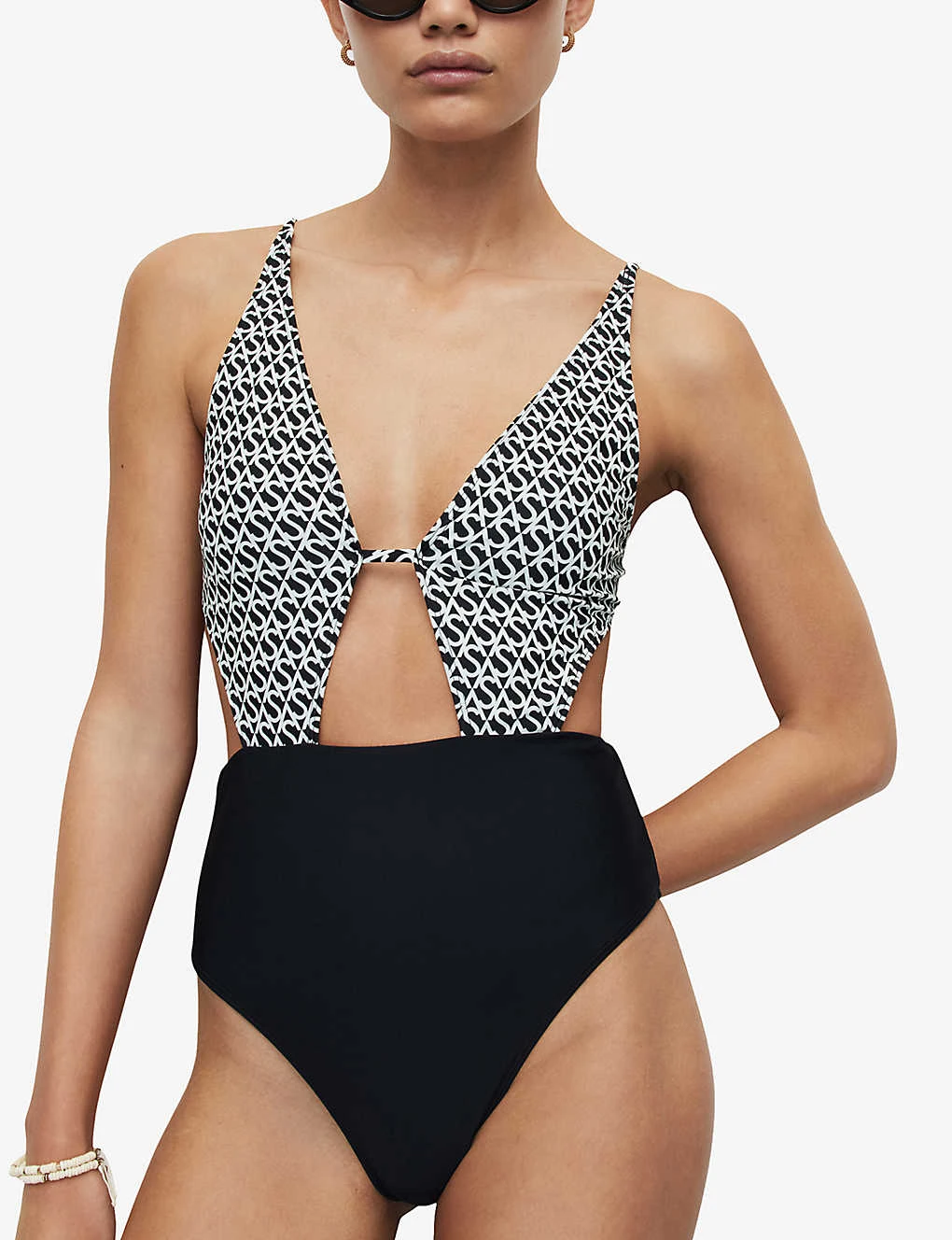 AllSaints Petra Monogram-print Stretch Recycled-polyamide Swimsuit 3 AllSaints Petra Monogram-print Stretch Recycled-polyamide Swimsuit - Image 3