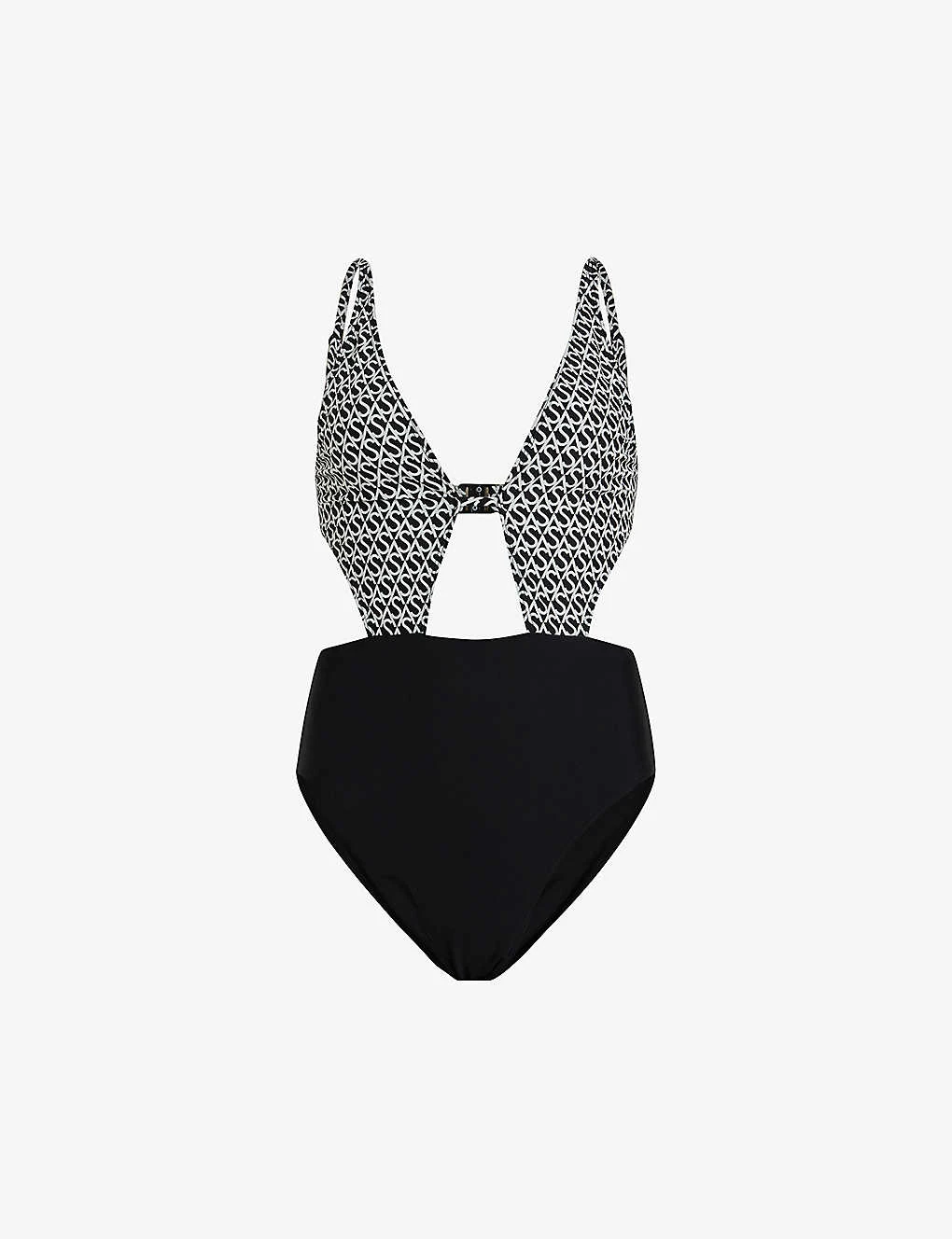 AllSaints Petra Monogram-print Stretch Recycled-polyamide Swimsuit 1 AllSaints Petra Monogram-print Stretch Recycled-polyamide Swimsuit