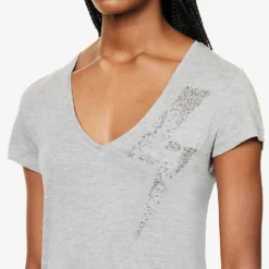 Ikks V-neck Sequin-embroidered Woven T-shirt 9 Ikks V-neck Sequin-embroidered Woven T-shirt -Outlet Pique Style Store R04063148 LIGHTGREYCHINE ALT04