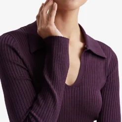 Reiss Collared Ribbed Stretch-knit Midi Dress -Outlet Pique Style Store R04068094 PURPLE ALT04