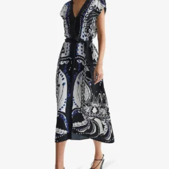 Reiss Freja Abstract-print Woven Midi Dress -Outlet Pique Style Store R04070729 NAVYWHITE ALT02