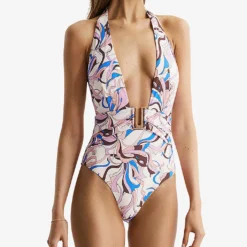 Reiss Isabel Plunge-neck Graphic-print Swimsuit -Outlet Pique Style Store R04070761 MULTI ALT01