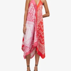 AllSaints Paloma Bandana-print Asymmetric-hem Recycled-polyester Midi Dress -Outlet Pique Style Store R04087366 DEEPREDORANG ALT02