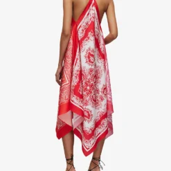 AllSaints Paloma Bandana-print Asymmetric-hem Recycled-polyester Midi Dress -Outlet Pique Style Store R04087366 DEEPREDORANG ALT03