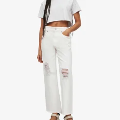 AllSaints Hailey Destroy High-rise Tapered-leg Organic-cotton Jeans -Outlet Pique Style Store R04087409 WHITE ALT01