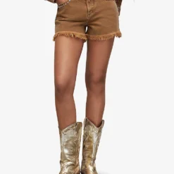 AllSaints Heidi Stud-embellished Raw-hem Cotton-blend Shorts -Outlet Pique Style Store R04087413 LIGHTBROWN ALT02