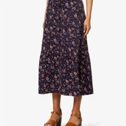 ME AND EM Jacobean Graphic-print Cotton Midi Skirt -Outlet Pique Style Store R04094233 INDIGOYELLOWBROWN ALT02