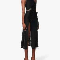 Coco Faux Feather-trim Stretch-woven Midi Dress -Outlet Pique Style Store R04096723 BLACK ALT02