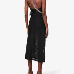 Coco Faux Feather-trim Stretch-woven Midi Dress -Outlet Pique Style Store R04096723 BLACK ALT03