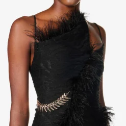 Coco Faux Feather-trim Stretch-woven Midi Dress -Outlet Pique Style Store R04096723 BLACK ALT04