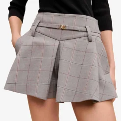 Maje Iarreau Checked Frilled Stretch-wool Blend Shorts -Outlet Pique Style Store R04101748 NOIRGRIS ALT04