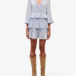 Maje Roulitana Ruffled Woven Mini Dress -Outlet Pique Style Store R04101759 BLEUS ALT02