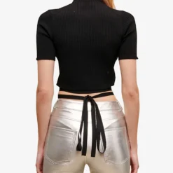 Maje Tie-waist Cropped Stretch-knit Top -Outlet Pique Style Store R04101795 NOIRGRIS ALT03