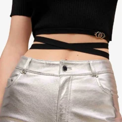 Maje Tie-waist Cropped Stretch-knit Top -Outlet Pique Style Store R04101795 NOIRGRIS ALT04