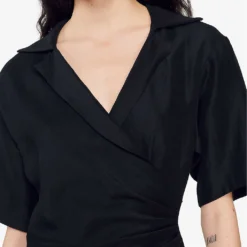 Sandro Clarance Draped Asymmetric Woven Midi Dress -Outlet Pique Style Store R04102230 NOIRGRIS ALT04