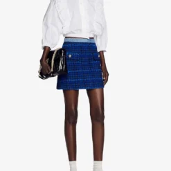 Sandro Catane Tweed Cotton-blend Mini Skirt -Outlet Pique Style Store R04102248 BLEUS ALT01