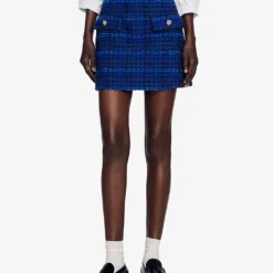 Sandro Catane Tweed Cotton-blend Mini Skirt -Outlet Pique Style Store R04102248 BLEUS ALT02