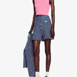 Sandro Checked Stretch-tweed Shorts -Outlet Pique Style Store R04102332 NOIRGRIS ALT01