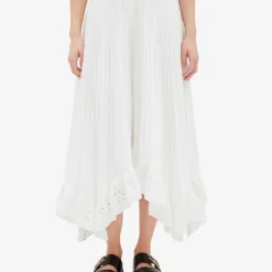 CLAUDIE PIERLOT Elode Asymmetric-hem Embroidered-trim Pleated Woven Midi Skirt -Outlet Pique Style Store R04104834 NATURELS ALT02
