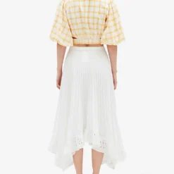 CLAUDIE PIERLOT Elode Asymmetric-hem Embroidered-trim Pleated Woven Midi Skirt -Outlet Pique Style Store R04104834 NATURELS ALT03